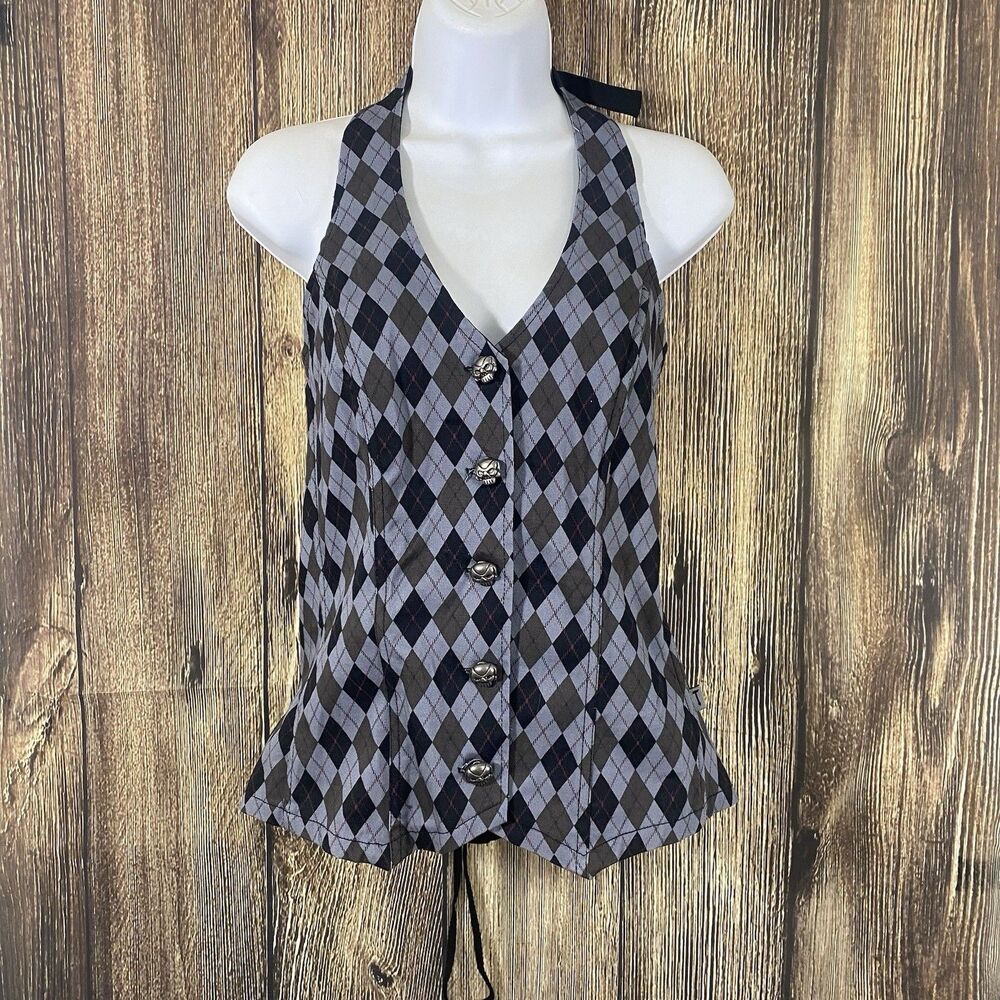Tripp Womens Argyle Halter Neck Corset Top XL Black/Gray Laced Back Goth Punk